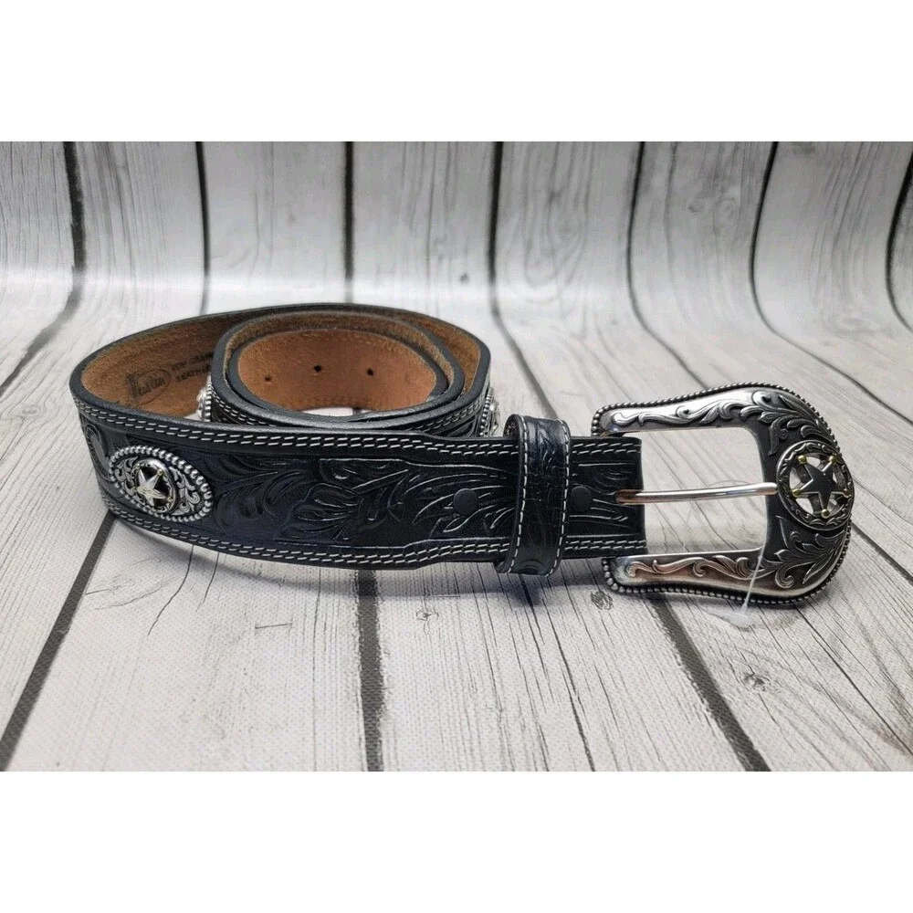 Justin 5 Star Ranch Black Leather Floral Tool Concho Western Belt Mens 38 C12423
